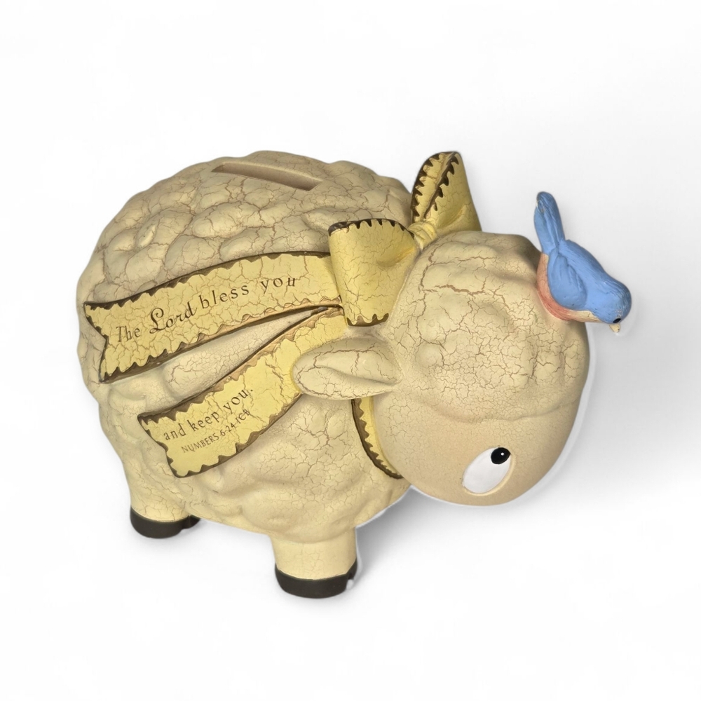 Dayspring Baby Lamb With Ribbon Bow Blue Bird Penny Bank Bible Scripture